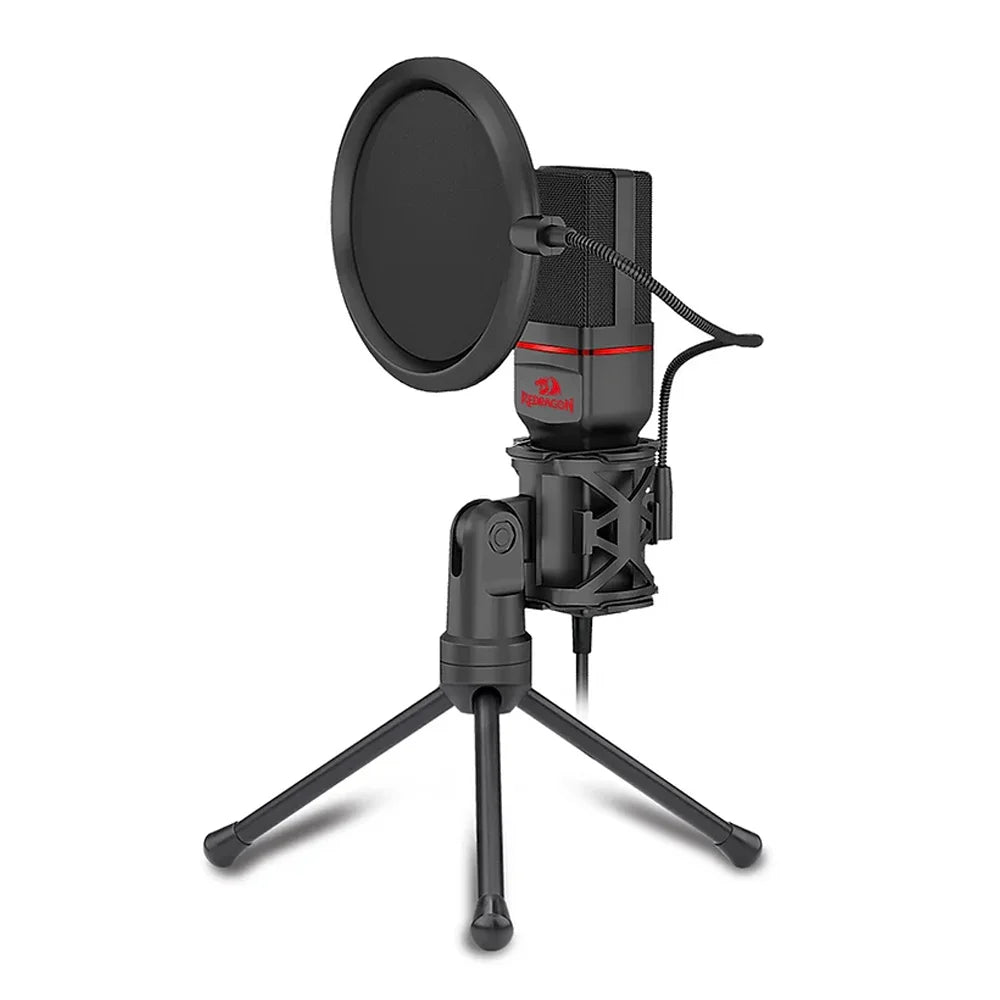 Microfone Gamer Redragon Seyfert Profissional Podcast, P2, Com Tripé E Pop Filter - GM100