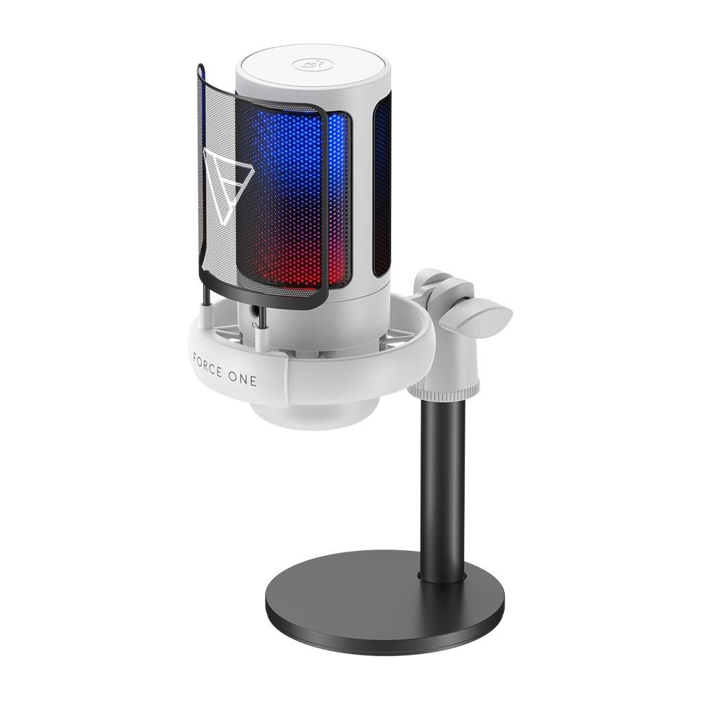 Microfone Gamer Force One Hero, RGB, Botão De Mute, USB, Cardicóide ou Unidirecional, Branco - FR.MC.HE.01